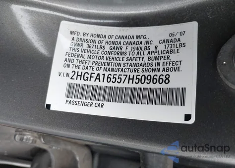 2007 Honda Civic Lx z USA, uszkodzony, nr VIN 2HGFA16557H509668